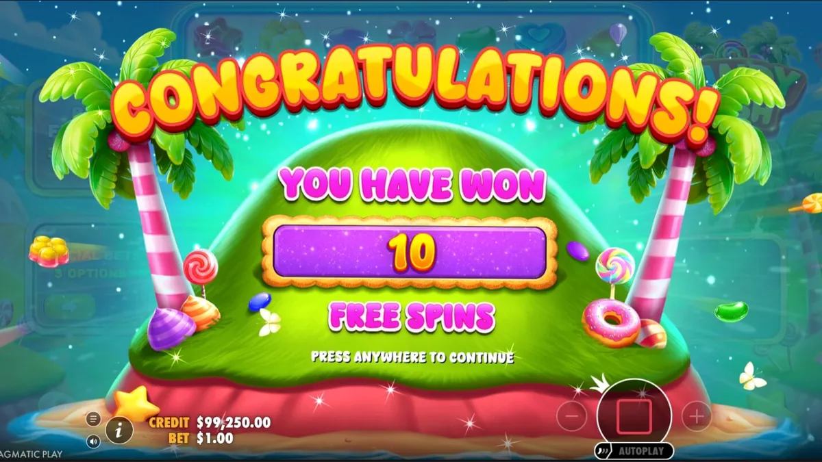 Tampilan visual permainan slot Candy Rush dengan tema permen yang penuh warna
