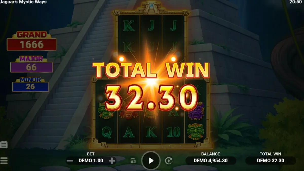 Pemandangan hutan kuno dan kuil emas di slot Jaguar’s Mystic Ways
