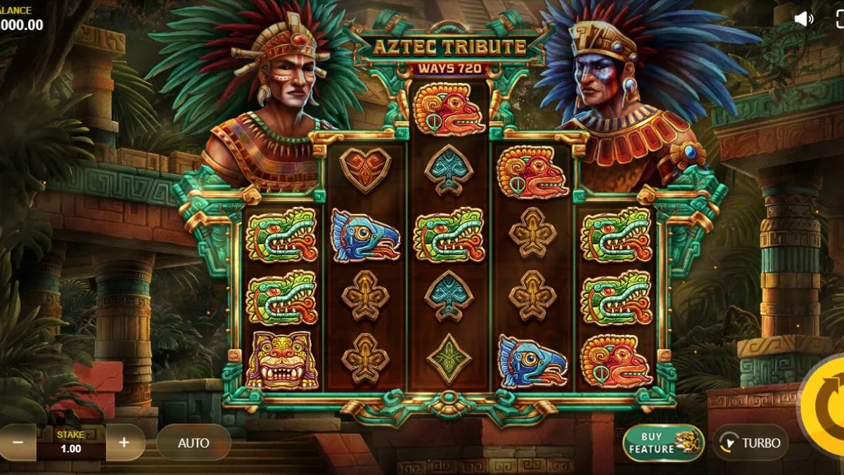 Tampilan visual slot Aztec Tribute dengan latar belakang hutan dan reruntuhan kuno